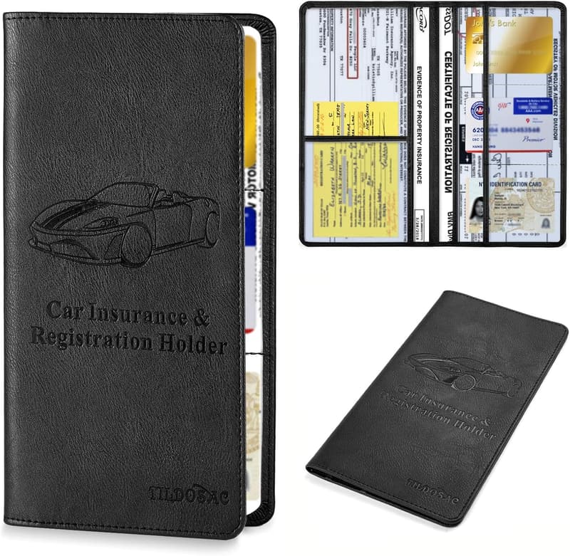Leather Car Document Holder with Magnetic Closure (Black, Large)