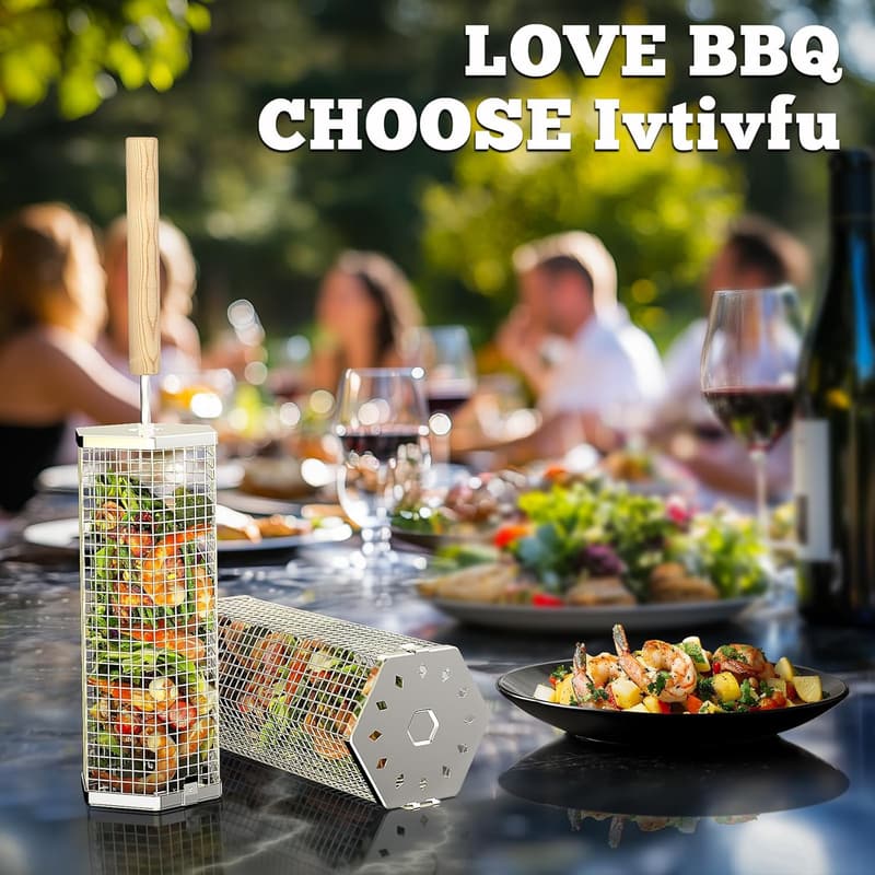 BBQ Grill Baskets (2PCS, Hexagon) with Removable Handle