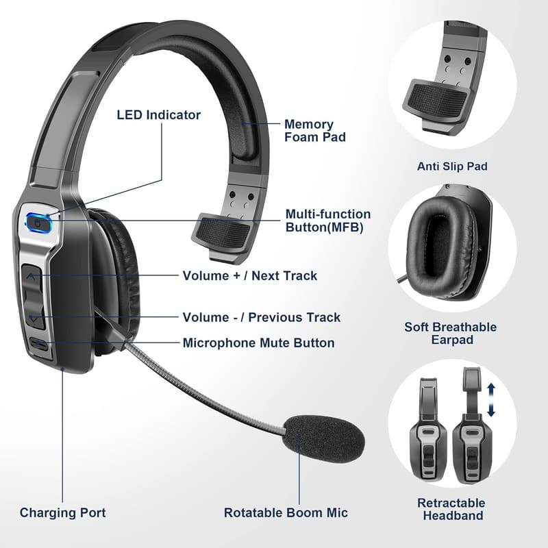 Bluetooth Trucker Headset with AI Noise Canceling