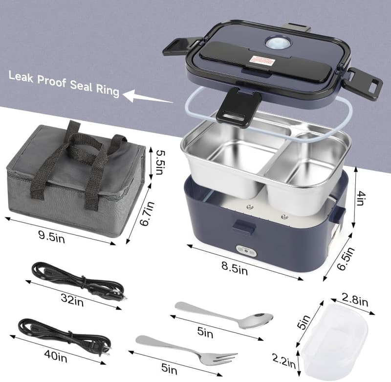 Portable Electric Lunch Box 1.8L with 2 Compartments, 80W