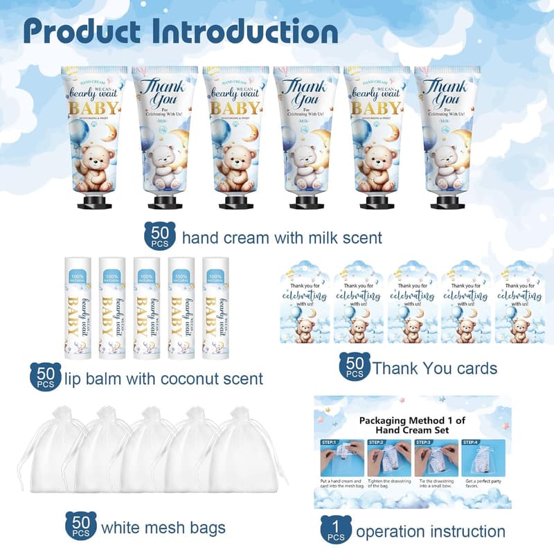 Baby Shower Favor Set: 50 Lip Balm & Hand Cream with Gifts Bags