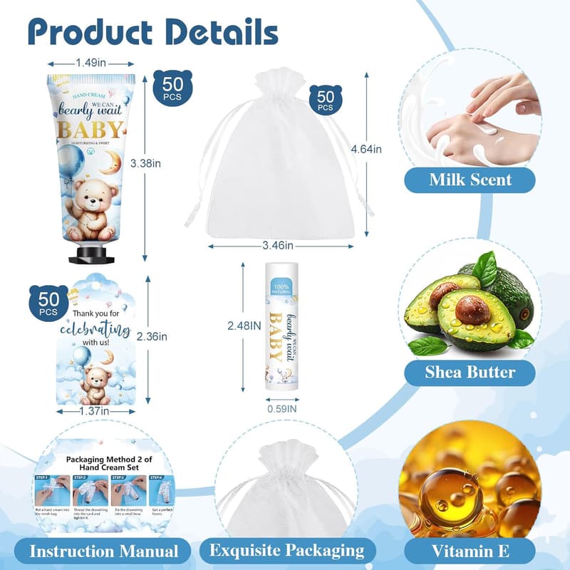 Baby Shower Favor Set: 50 Lip Balm & Hand Cream with Gifts Bags