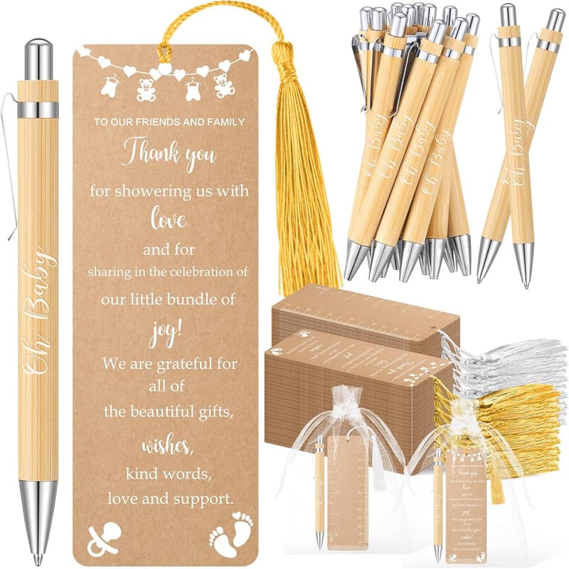 Baby Shower Bookmark Favors Set with Pens and Bags - Gender Reveal