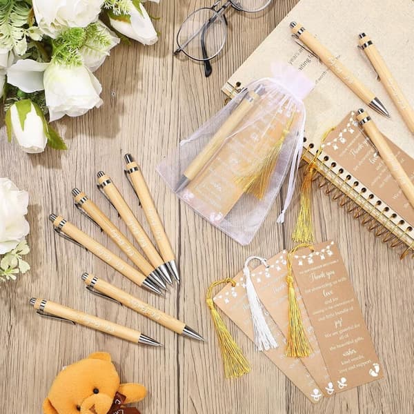 Baby Shower Bookmark Favors Set with Pens and Bags - Gender Reveal