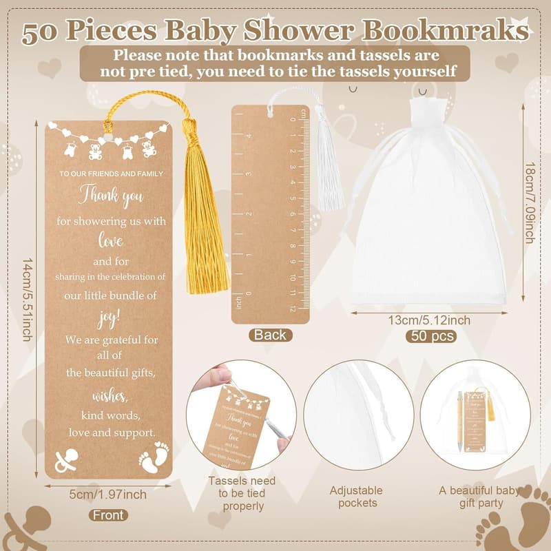 Baby Shower Bookmark Favors Set with Pens and Bags - Gender Reveal