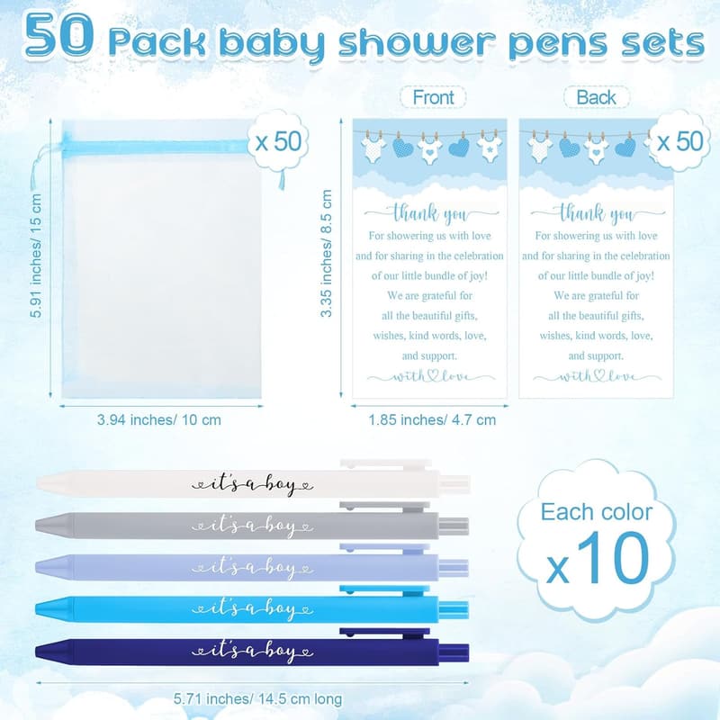 Baby Shower Favors: 50 Set Pens with Organza Bags, It's a Boy