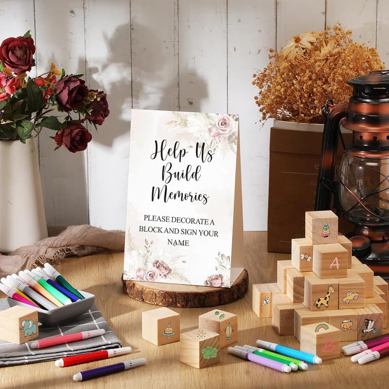 Baby Shower Decor: 125-Pc DIY Block Game Set with Markers