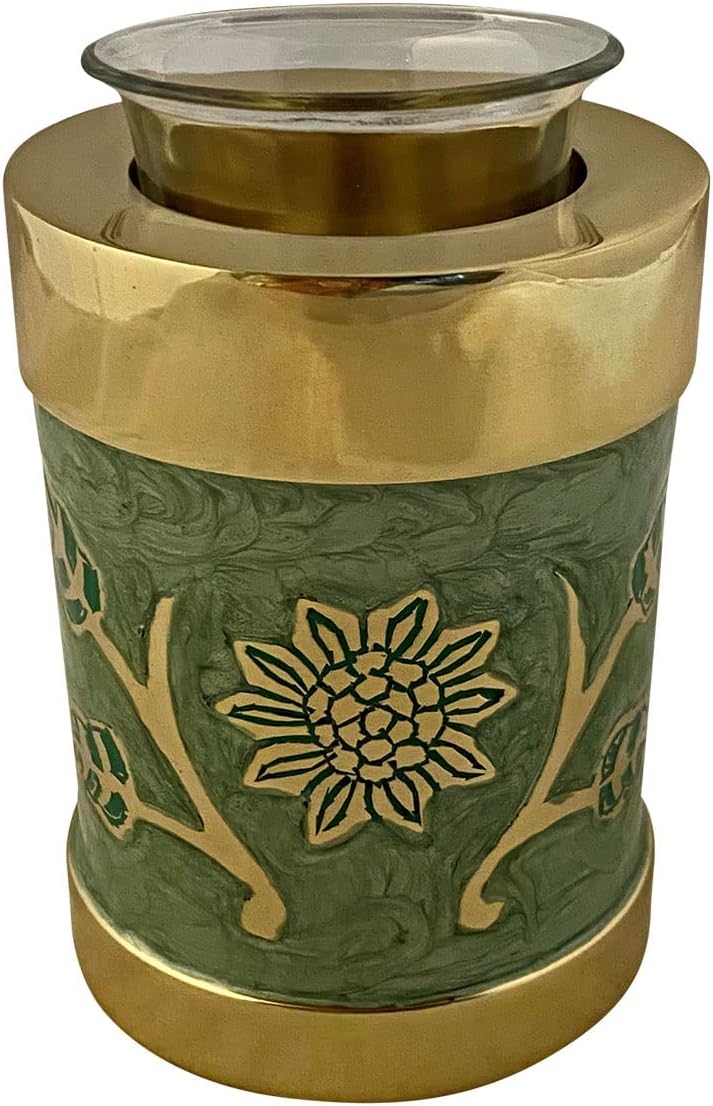 Brass Tealight Cremation Urn with Green Enamel Details