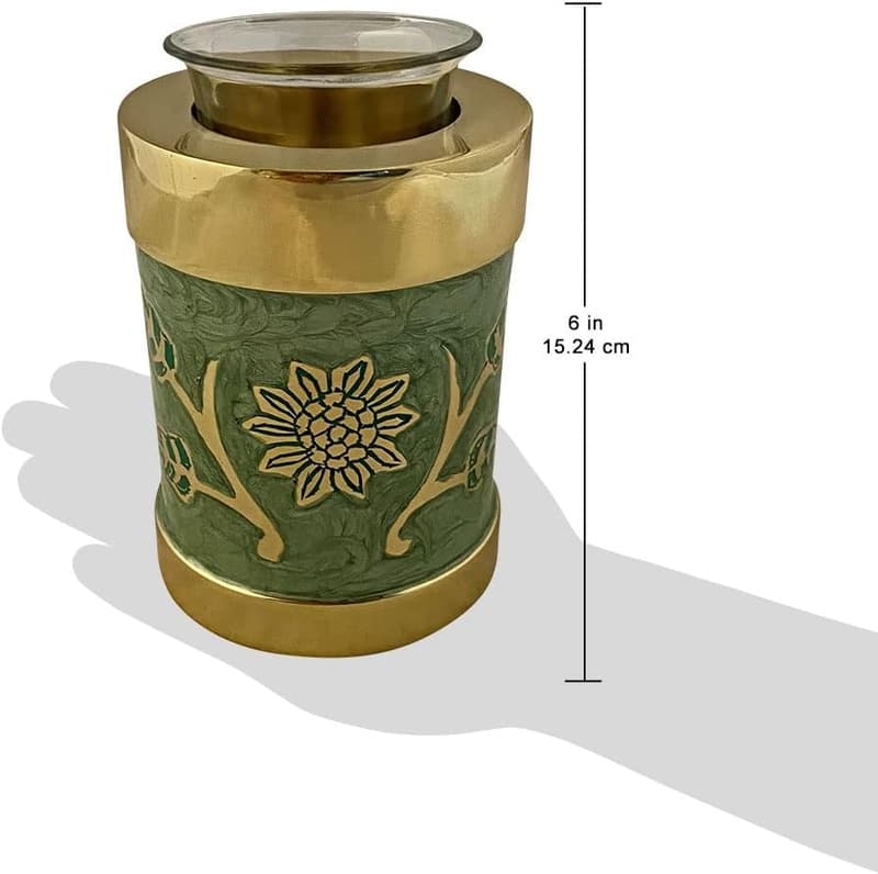Brass Tealight Cremation Urn with Green Enamel Details
