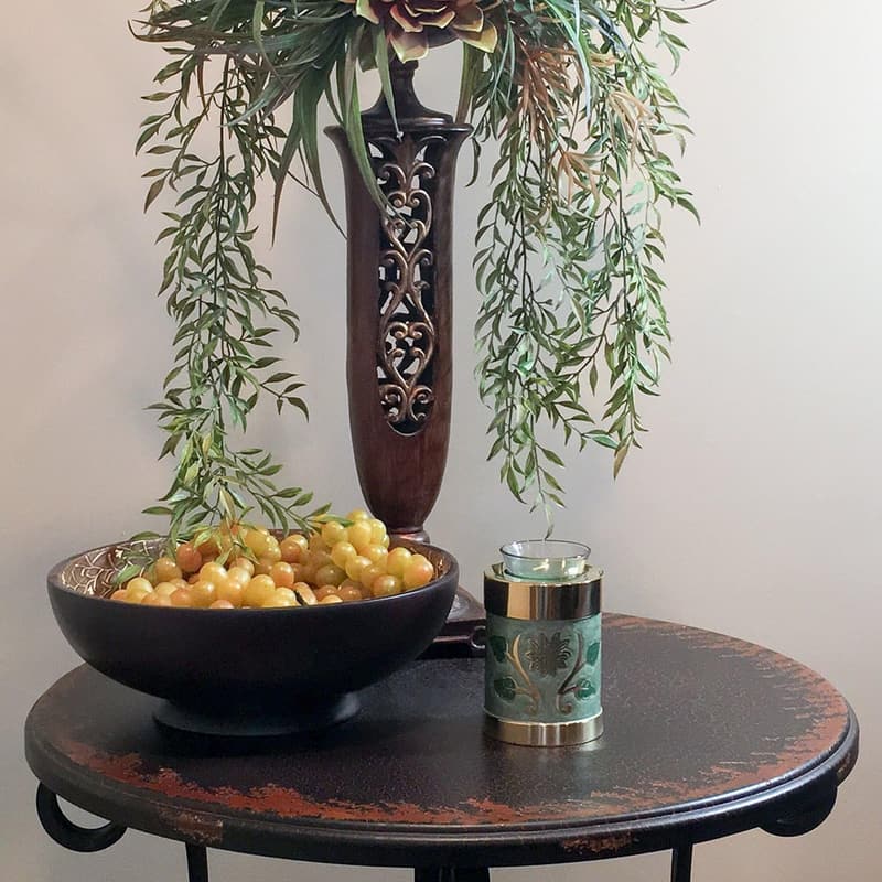 Brass Tealight Cremation Urn with Green Enamel Details