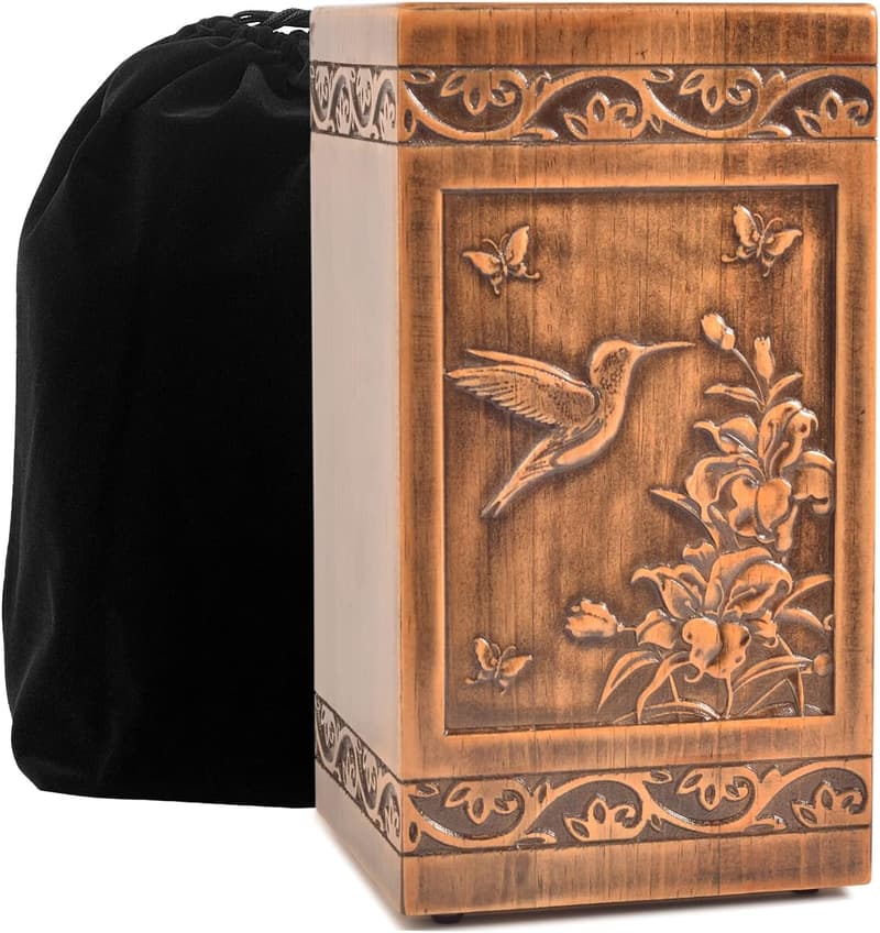 Engraved Wooden Cremation Urn with Hummingbird Design