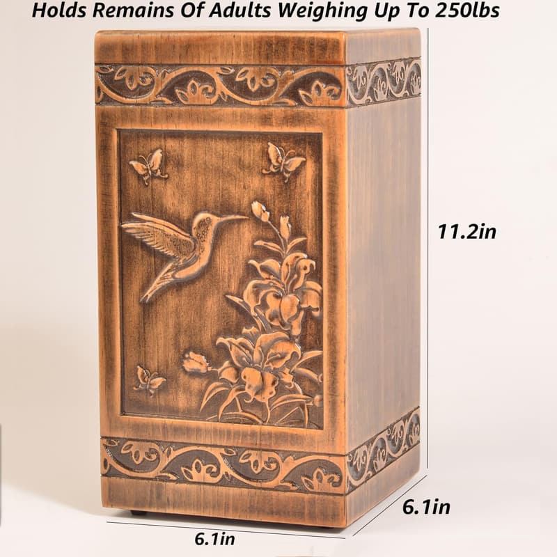 Engraved Wooden Cremation Urn with Hummingbird Design