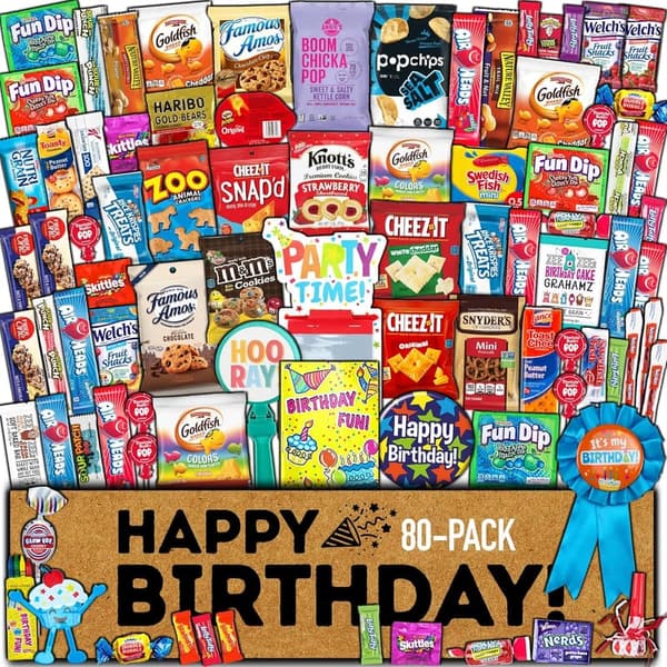 Birthday Snack Box Assortment - 80 Count Treats for Kids & Teens