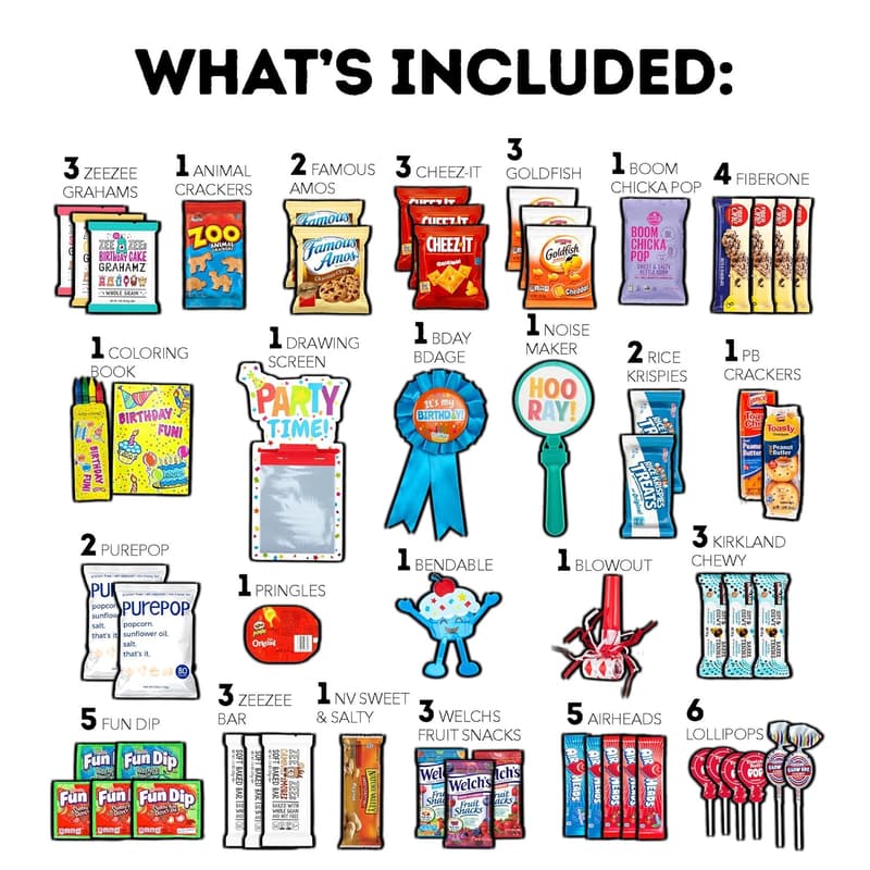 Birthday Snack Box Assortment - 80 Count Treats for Kids & Teens