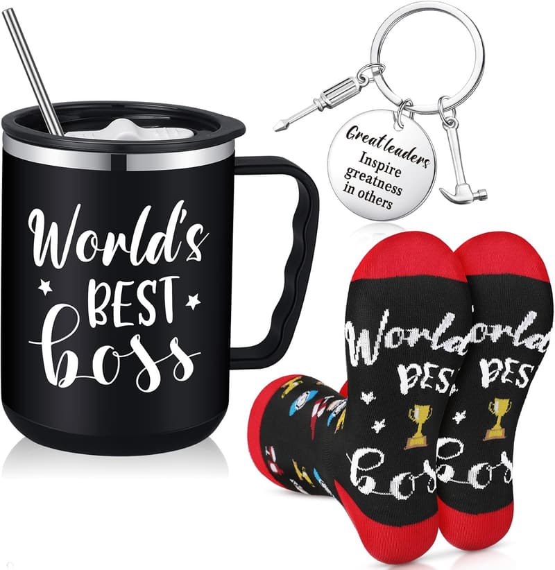 Anniversary Boss Gifts Set: 20oz Tumbler, Socks & Keychain