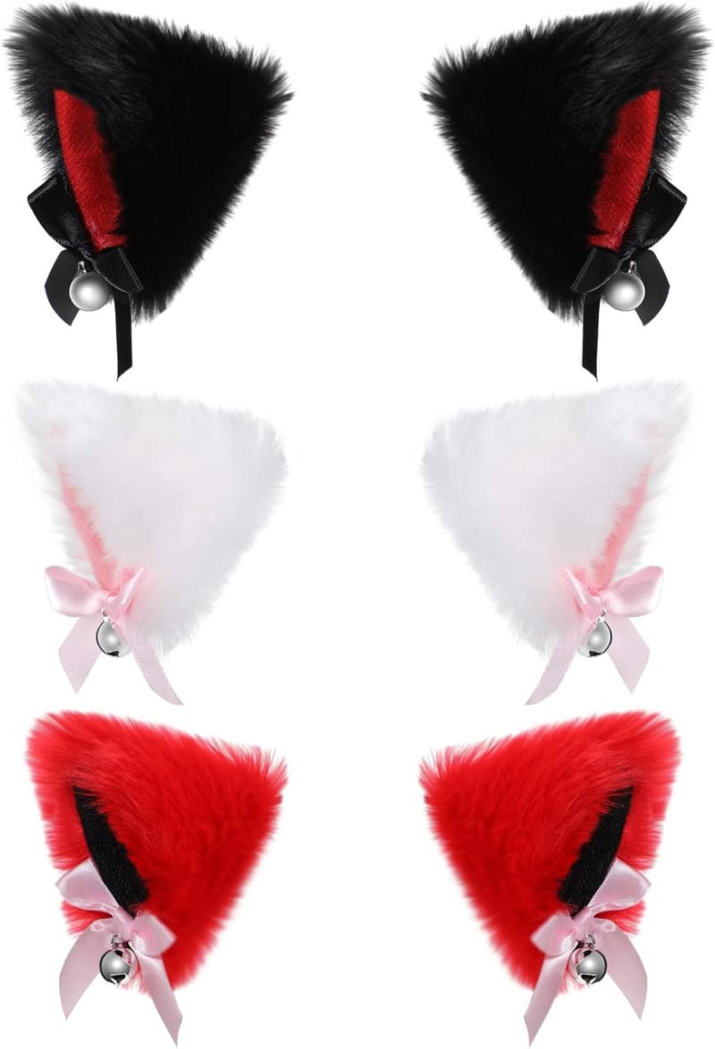 Halloween Cosplay Cat Ears Hair Clips with Bells – 3 Pairs