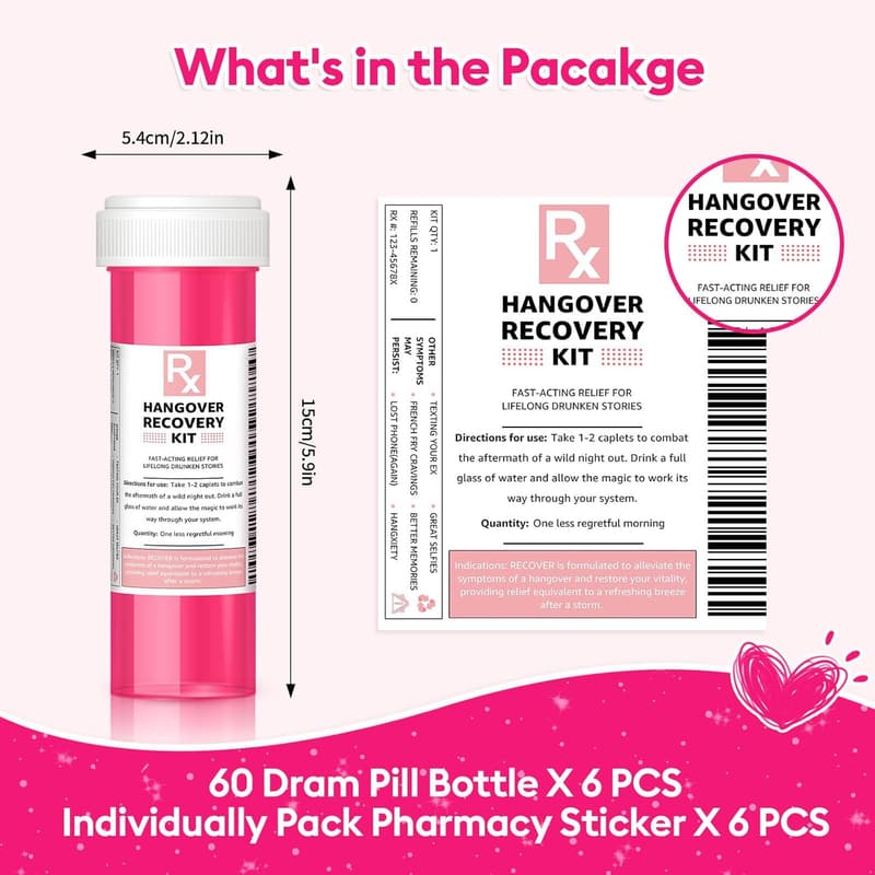 Bachelorette Party Hangover Recovery Kit, 6 Pink Pill Bottles