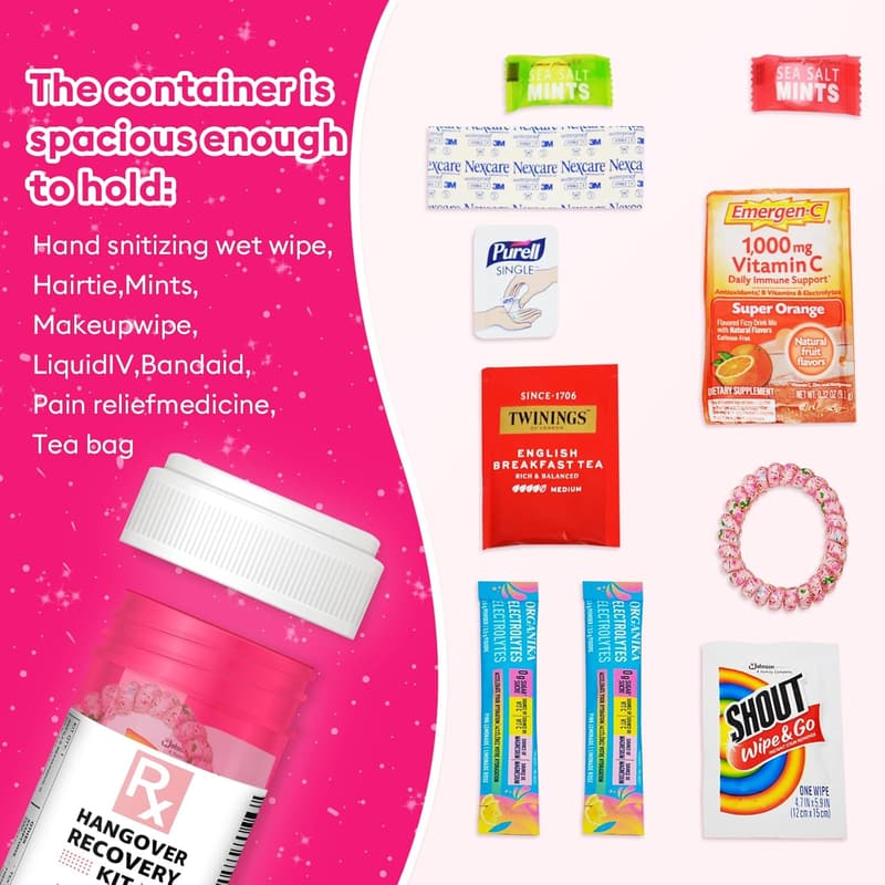 Bachelorette Party Hangover Recovery Kit, 6 Pink Pill Bottles