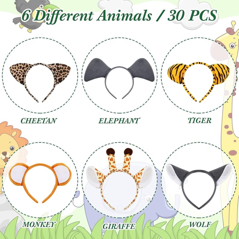 Kids' Jungle Animal Ears Headbands – 30 Pack for Parties