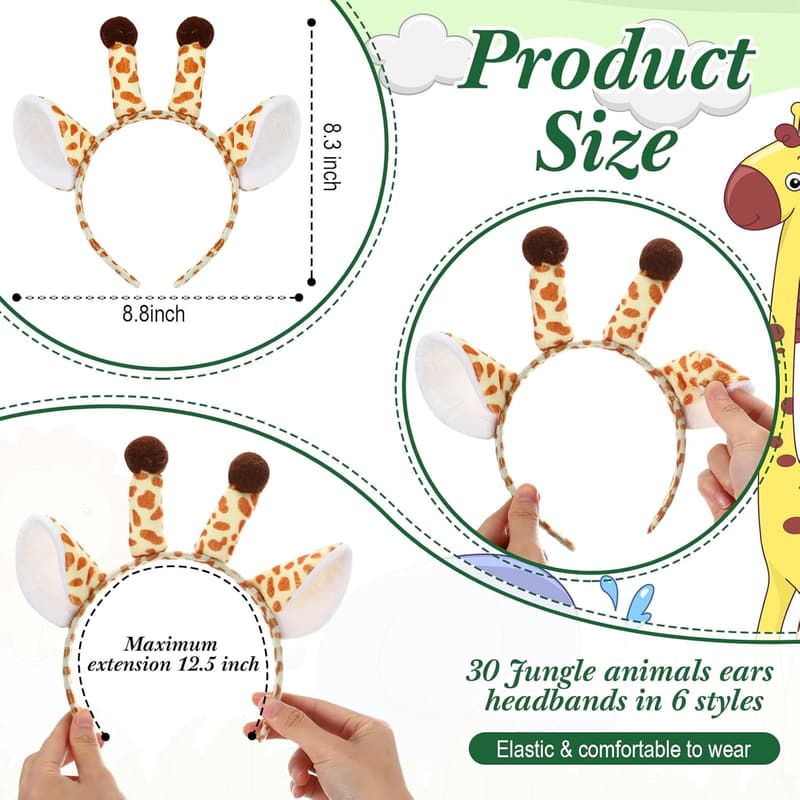 Kids' Jungle Animal Ears Headbands – 30 Pack for Parties
