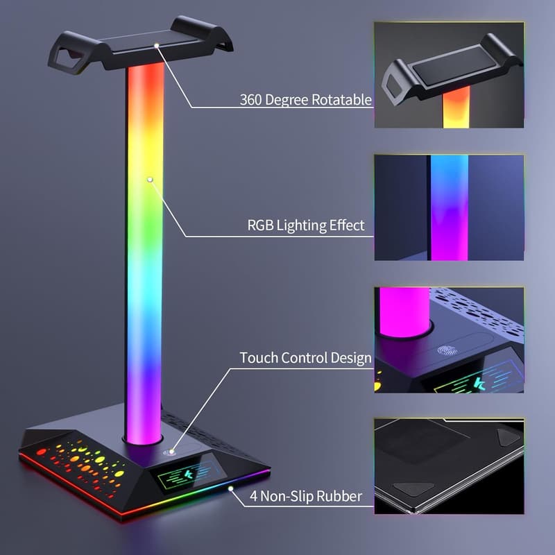 RGB Gaming Headphone Stand with 2 USB Charger - Cool LED Holder