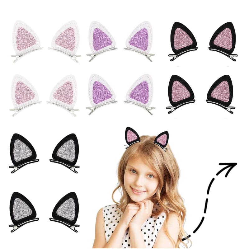 Cat Ears Hair Clips Set for Girls - 16 Pcs Glitter Accessories