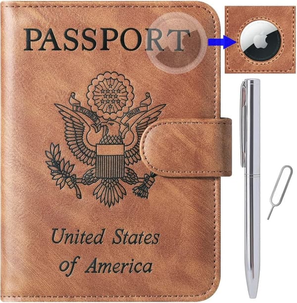RFID Blocking Leather Airtag Passport Holder Wallet for Travel