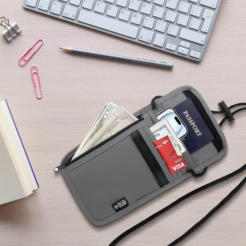 RFID-Blocking Travel Neck Wallet for Couples (Grey)