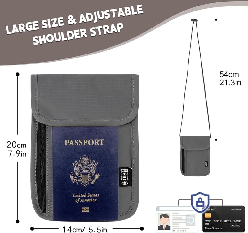 RFID-Blocking Travel Neck Wallet for Couples (Grey)