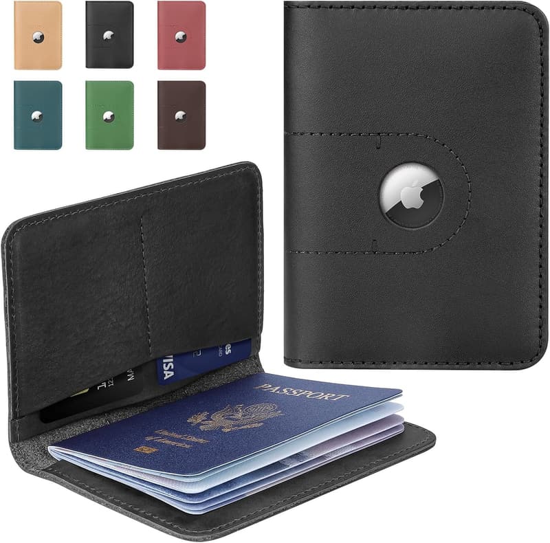 Genuine Leather Passport Holder with Airtag for Travel