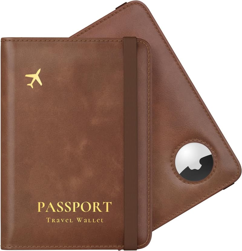 Brown Leather RFID Passport Holder with AirTag Slot for Men