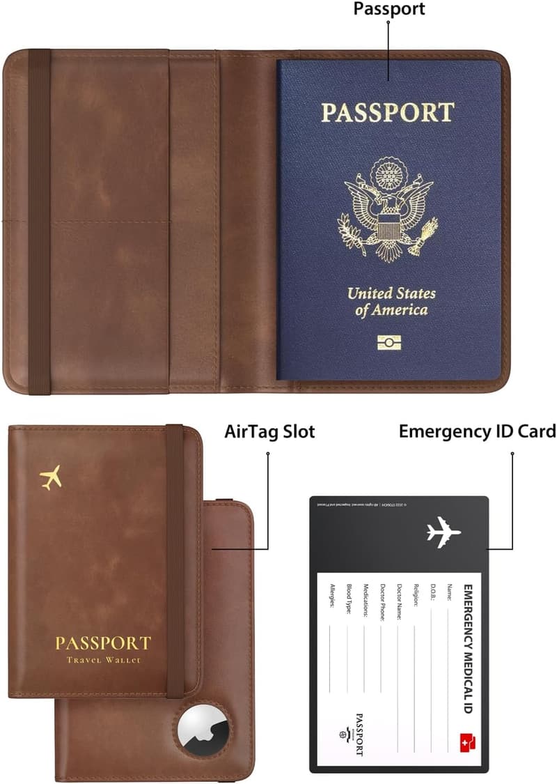 Brown Leather RFID Passport Holder with AirTag Slot for Men