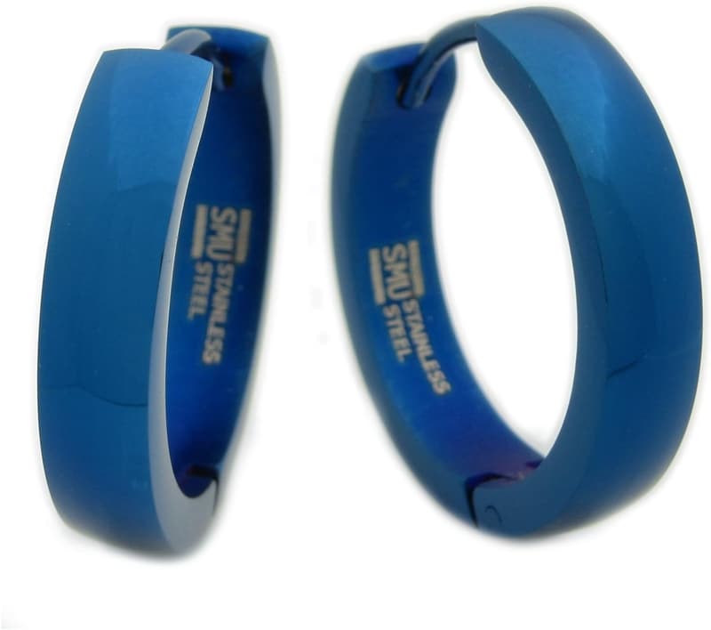 Men's Stainless Steel Curved Hoop Earrings – Silver and Blue 20mm