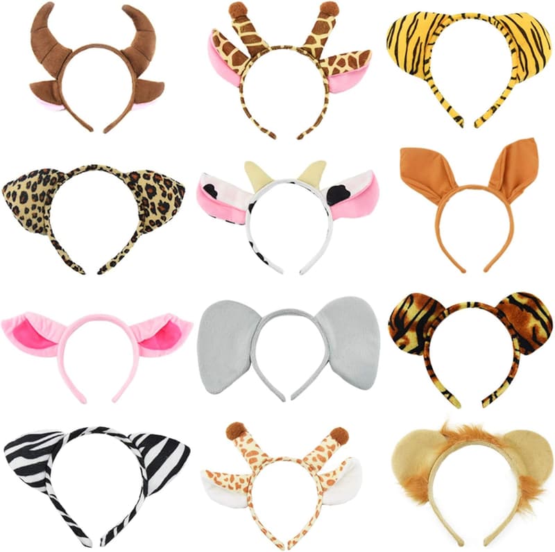 Safari Animal Ears Headbands - 12 Plush Hairbands for Parties