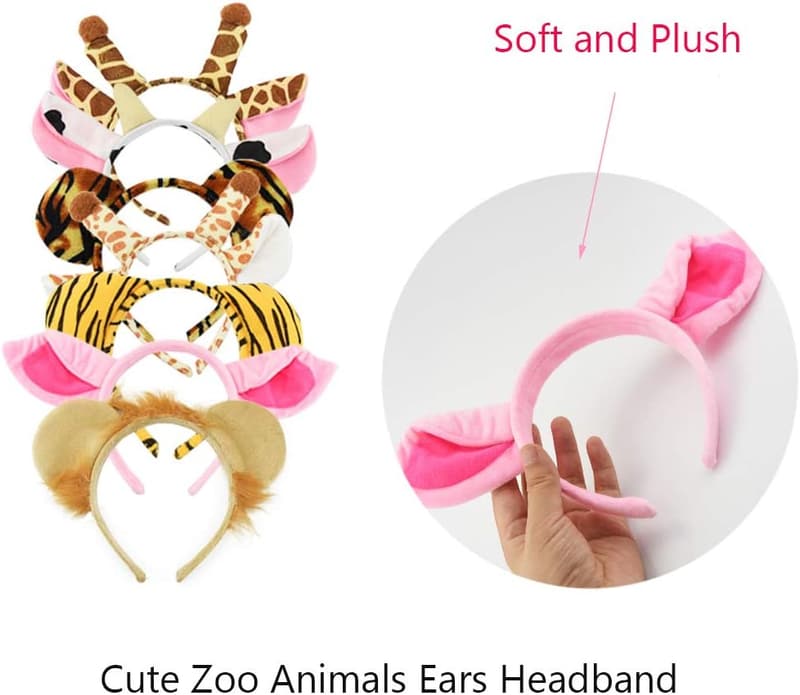 Safari Animal Ears Headbands - 12 Plush Hairbands for Parties