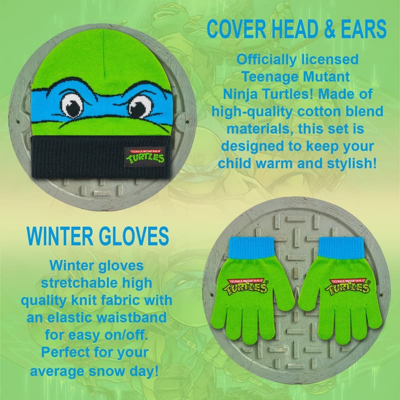 TMNT Winter Hat and Glove Set for Boys, Ages 4-12