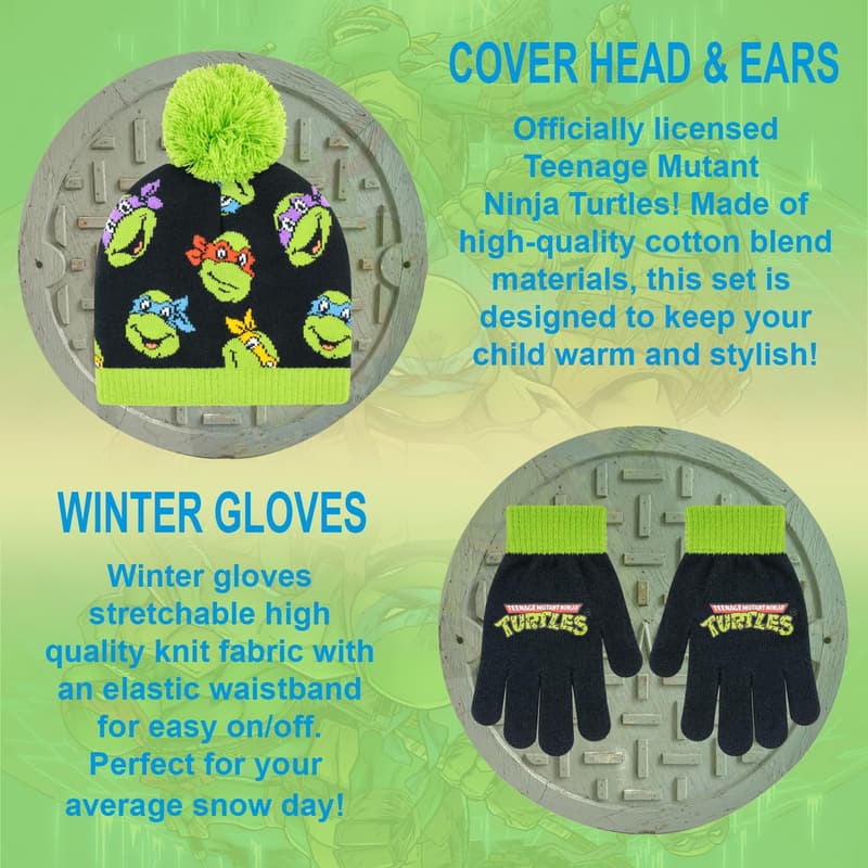 TMNT Boys Winter Hat and Gloves Set, Ages 4-12
