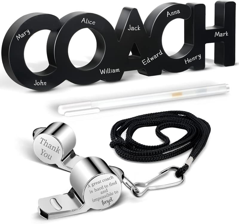 Coach Gift Set: Thank You Wooden Sign, Whistle & Marker Pen