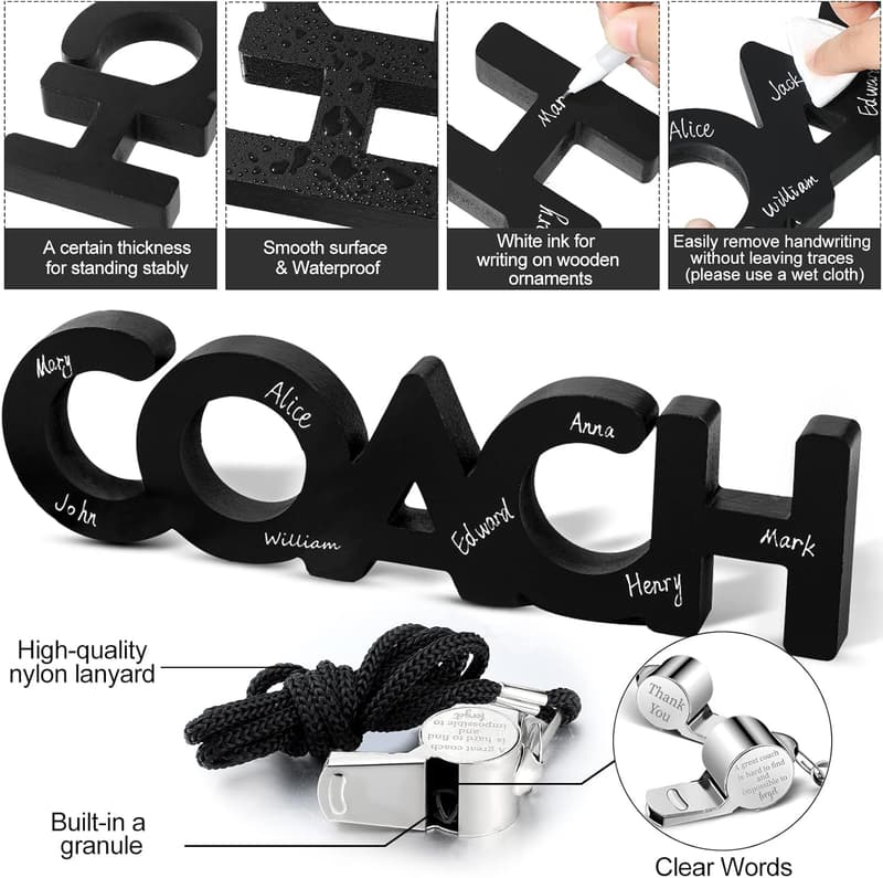 Coach Gift Set: Thank You Wooden Sign, Whistle & Marker Pen