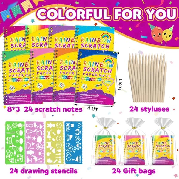 Rainbow Art Scratch Notebooks - 24 Pack Party Favors for Kids
