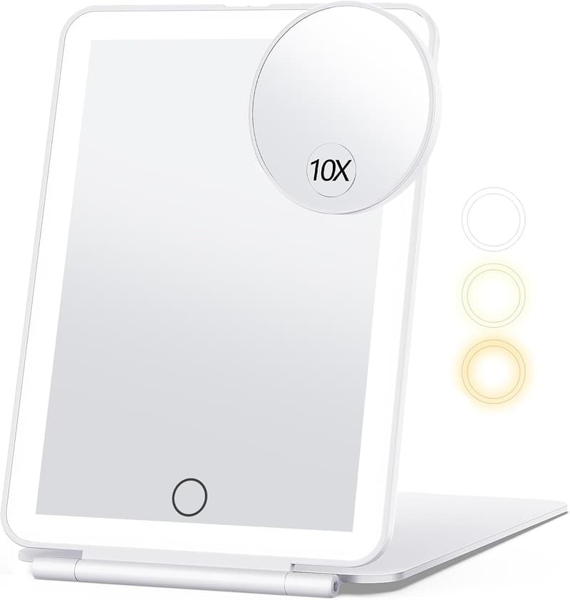 Portable LED Makeup Mirror with 3 Color Lights and Rechargeable Battery