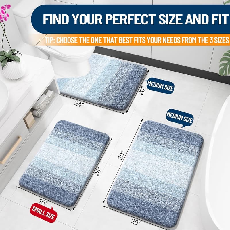 Extra Soft Non-Slip Blue Bath Mat - 24x16, Polyester Shaggy Rug