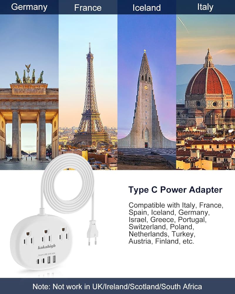 Universal Travel Adapter with USB-C - 3 AC Outlets & 4 USB Ports