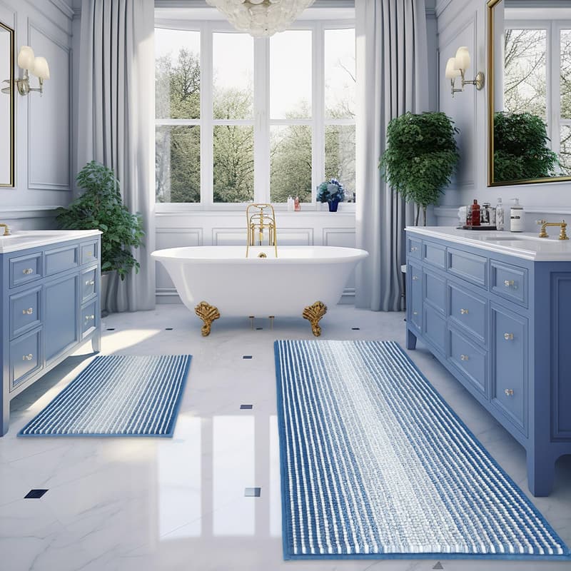 Sky Blue Chenille Bath Mat Set - 2 Piece, Non-Slip, Machine Washable