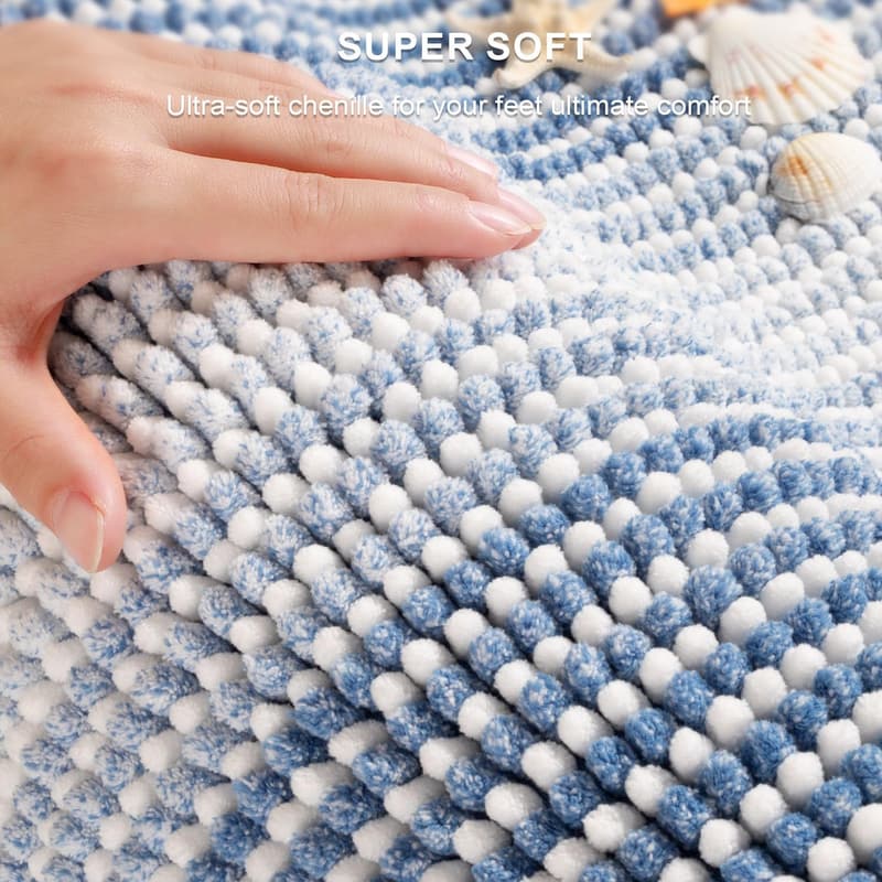 Sky Blue Chenille Bath Mat Set - 2 Piece, Non-Slip, Machine Washable