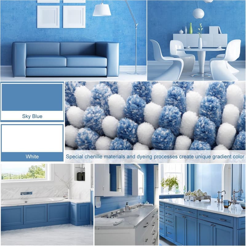 Sky Blue Chenille Bath Mat Set - 2 Piece, Non-Slip, Machine Washable