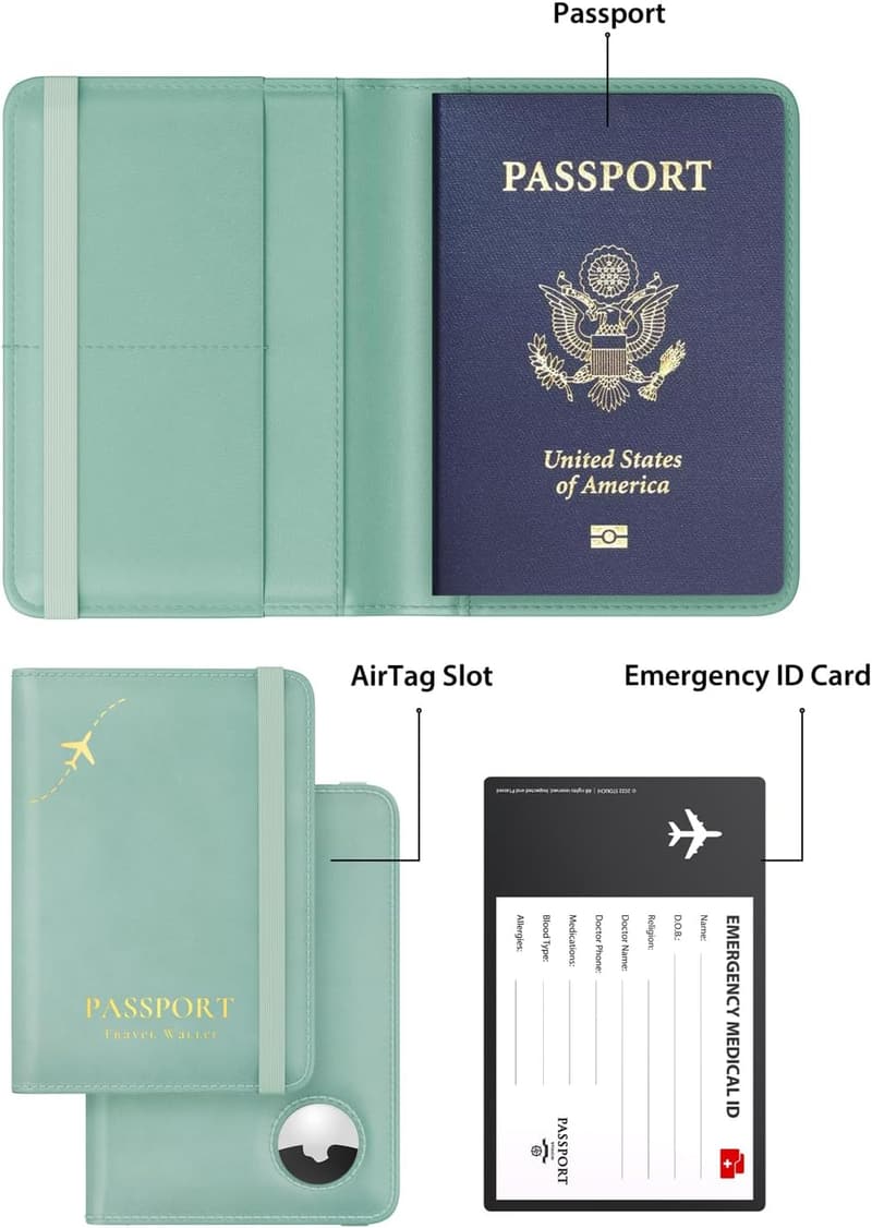 Sky Blue RFID Passport Holder with AirTag Slot for Women