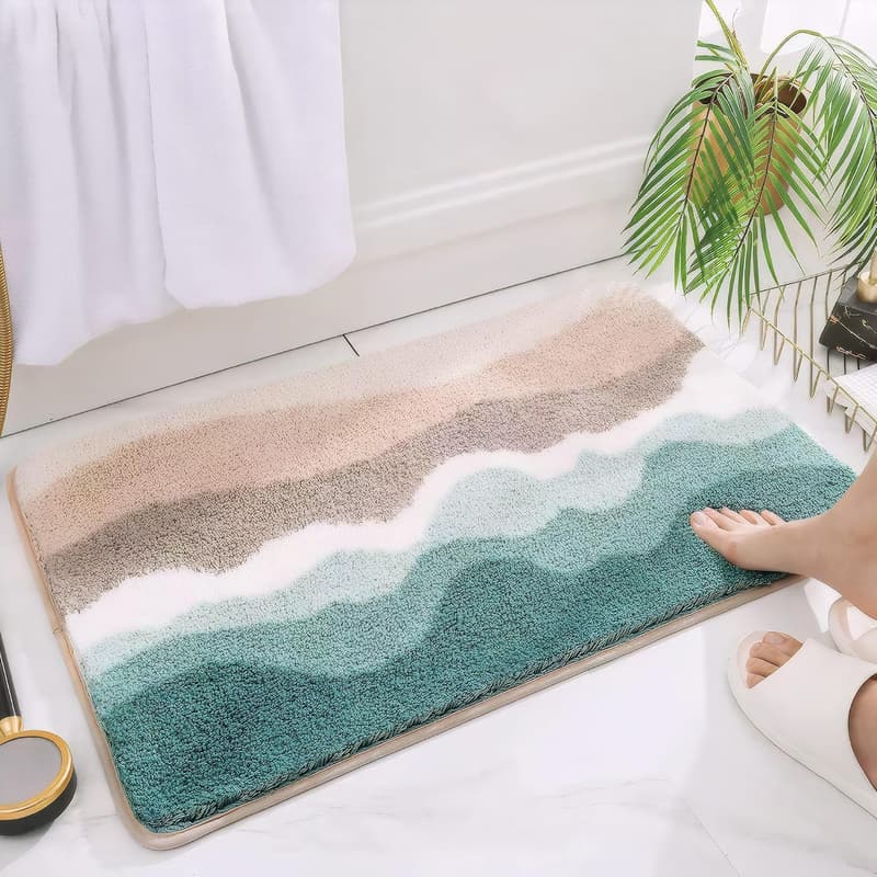 Absorbent Green Microfiber Shaggy Bathroom Rug, 24x16 Inches
