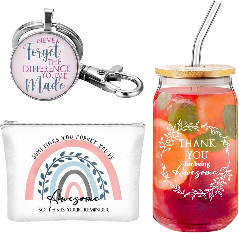 Thank You Gifts for Women - 16oz Coffee Glass, Pouch & Keychain
