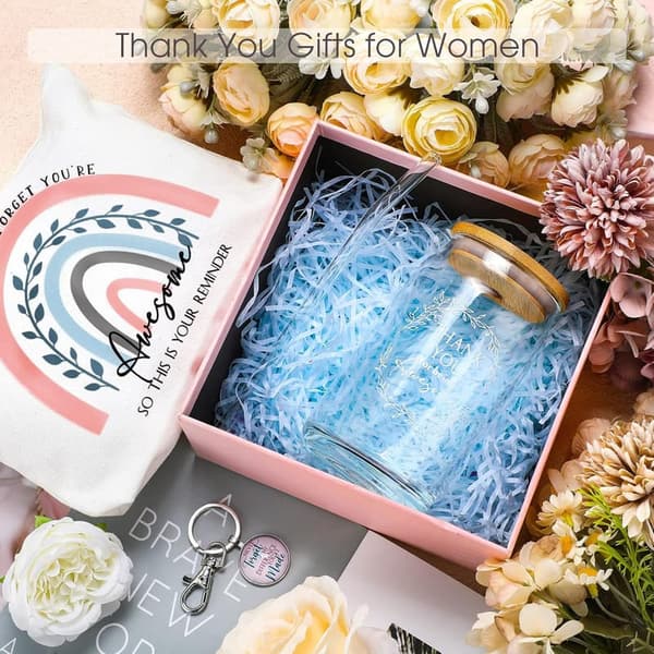 Thank You Gifts for Women - 16oz Coffee Glass, Pouch & Keychain